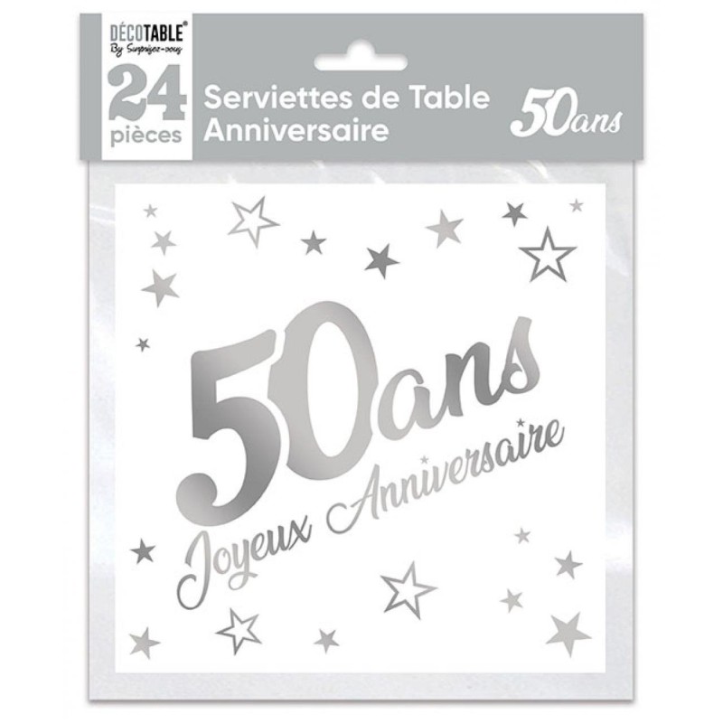 SERVIETTES DE TABLE X 24 MÉTALLISÉE ARGENT 50 ANS