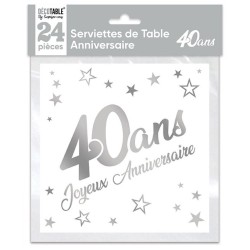 SERVIETTES DE TABLE X 24 MÉTALLISÉE ARGENT 40 ANS