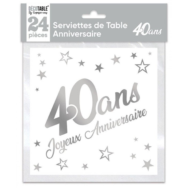 SERVIETTES DE TABLE X 24 MÉTALLISÉE ARGENT 40 ANS