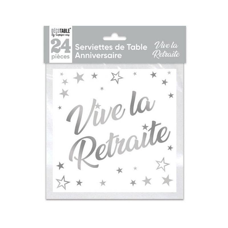 SERVIETTES DE TABLE X 24 MÉTALLISÉE ARGENT VIVE LA RETRAITE