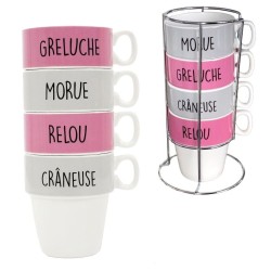 4 tasses Greluche, Relou, Morue, Crâneuse