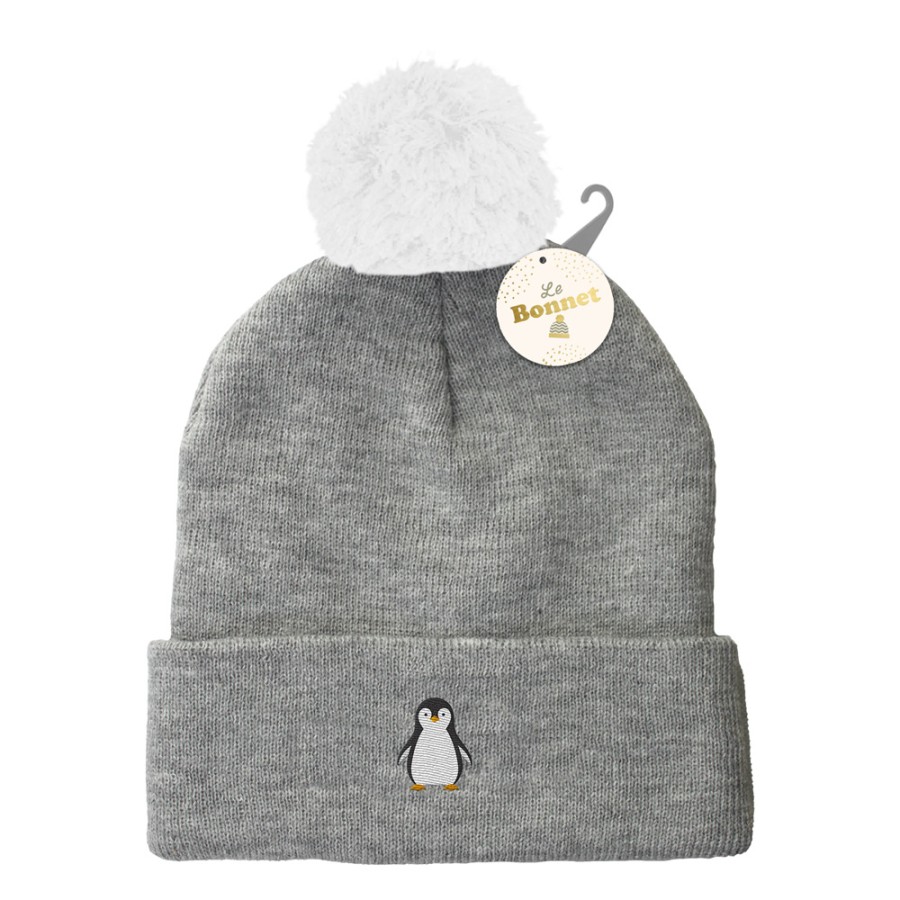 BONNET POMPON BRODE PINGOUIN 