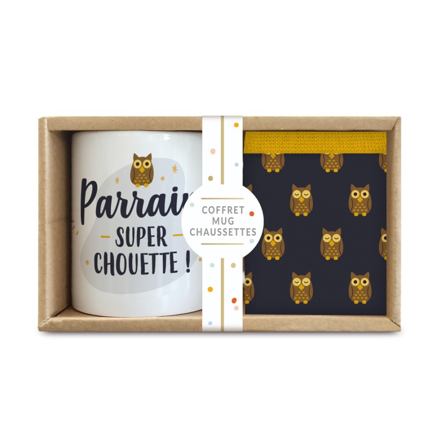 COFFRET MUG CHAUSSETTES "PARRAIN SUPER CHOUETTE"