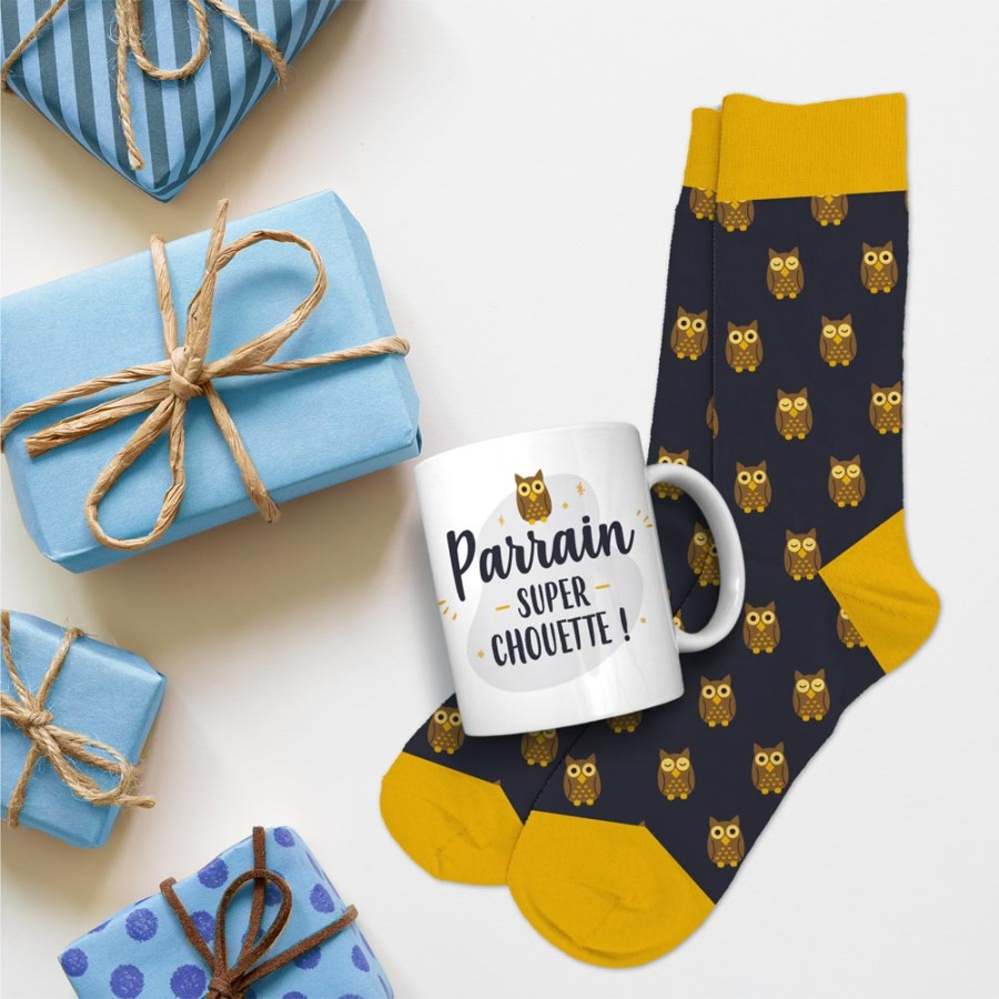 COFFRET MUG CHAUSSETTES "PARRAIN SUPER CHOUETTE"