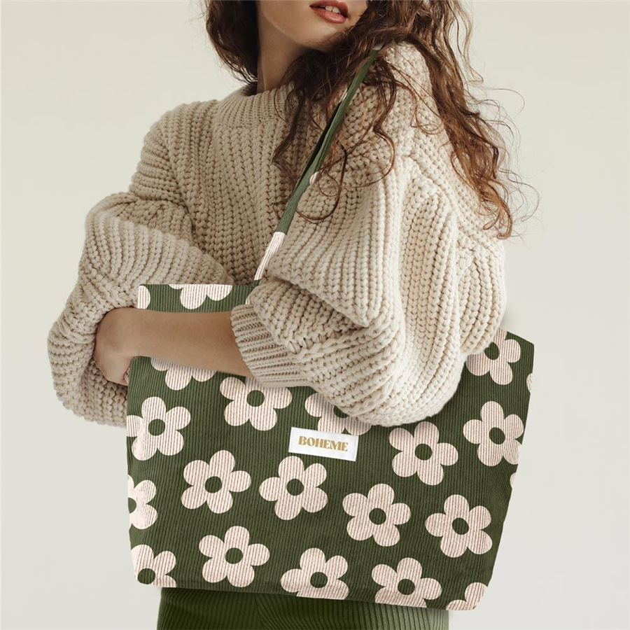 SAC CABAS VELOURS COTELE MOTIFS BOHEME