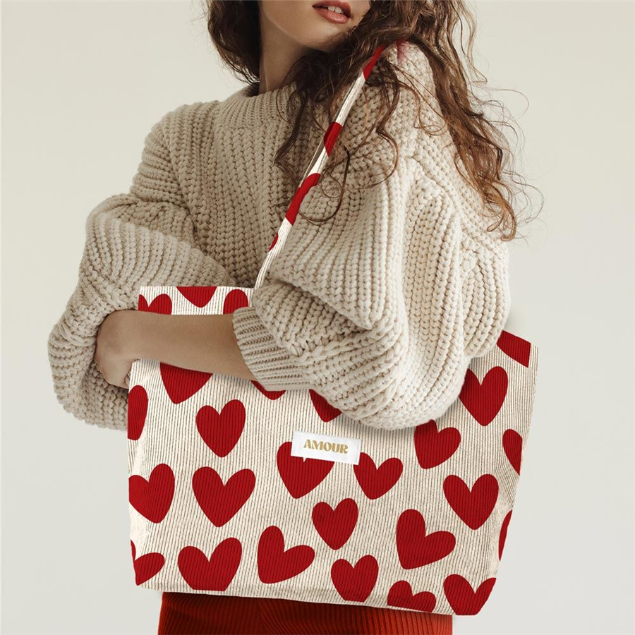 SAC CABAS VELOURS COTELE MOTIFS AMOUR