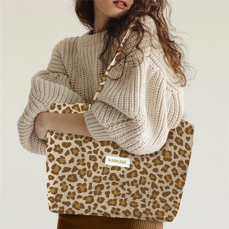 SAC CABAS VELOURS COTELE MOTIFS SAUVAGE