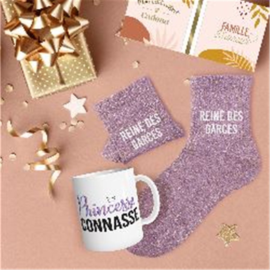 COFFRET MUG CHAUSSETTES PAILLETTES AFFECTIF REINE DES GARCES
