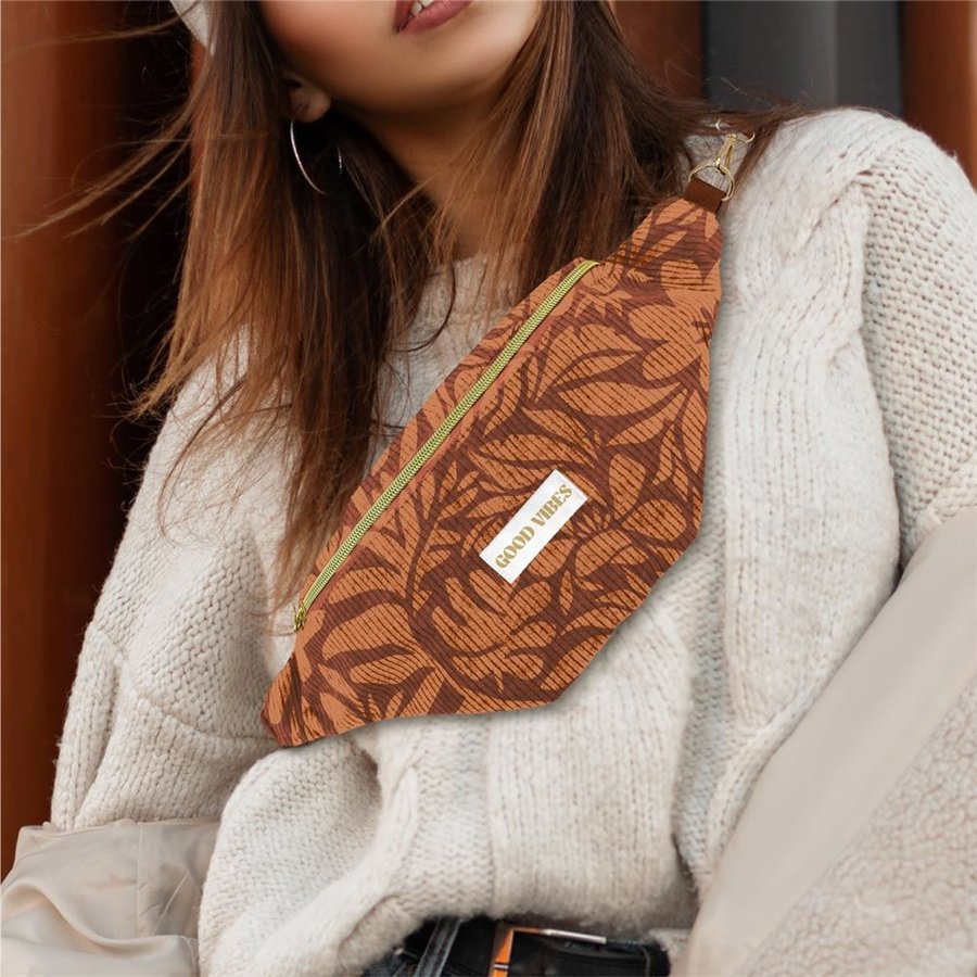 SAC BANANE VELOURS COTELE MOTIFS GOOD VIBES