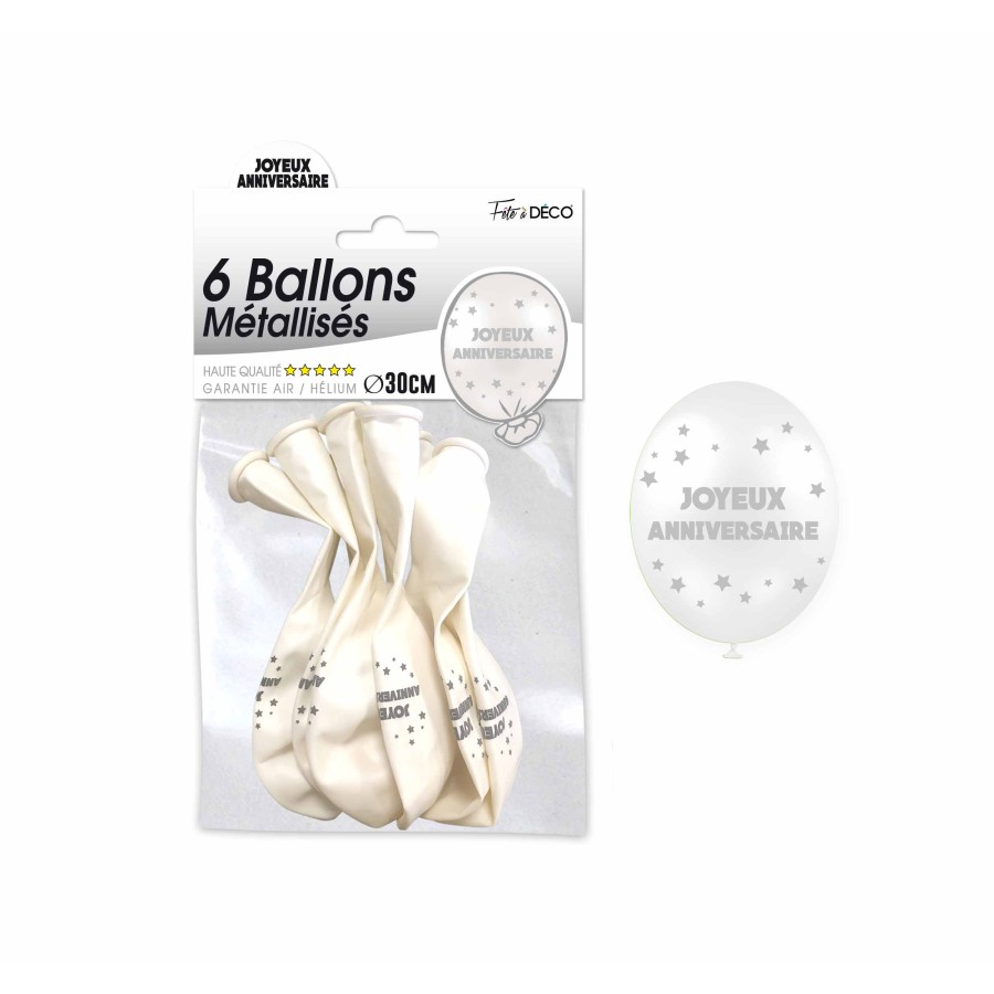 SACHET 6 BALLONS METAL BLANC JOYEUX ANNIVERSAIRE