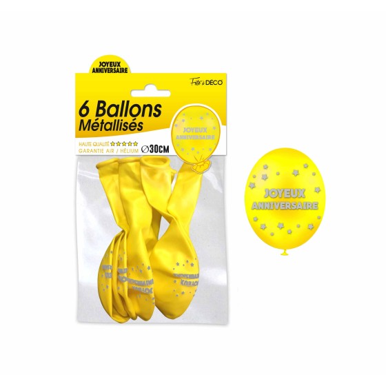 SACHET 6 BALLONS METAL JAUNE JOYEUX ANNIVERSAIRE