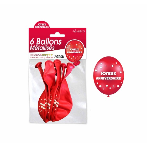 SACHET 6 BALLONS METAL ROUGE JOYEUX ANNIVERSAIRE