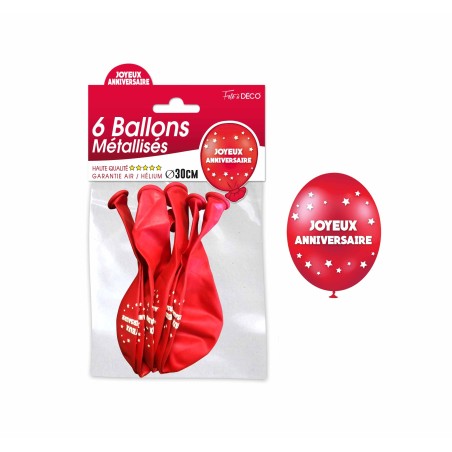 SACHET 6 BALLONS METAL ROUGE JOYEUX ANNIVERSAIRE