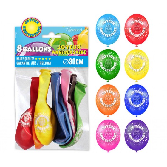 SACHET 8 BALLONS JOYEUX ANNIVERSAIRE