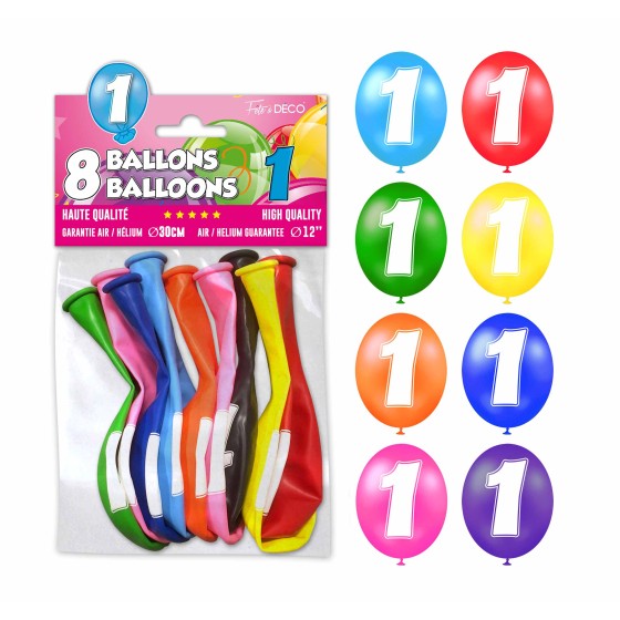 SACHET 8 BALLONS LATEX CHIFFRE 1