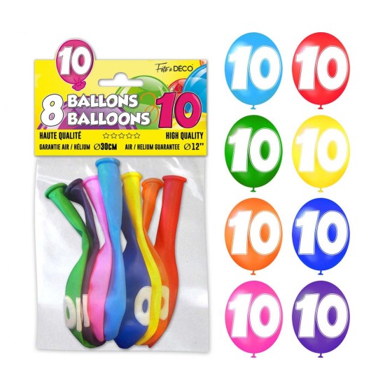 SACHET 8 BALLONS LATEX CHIFFRE 10