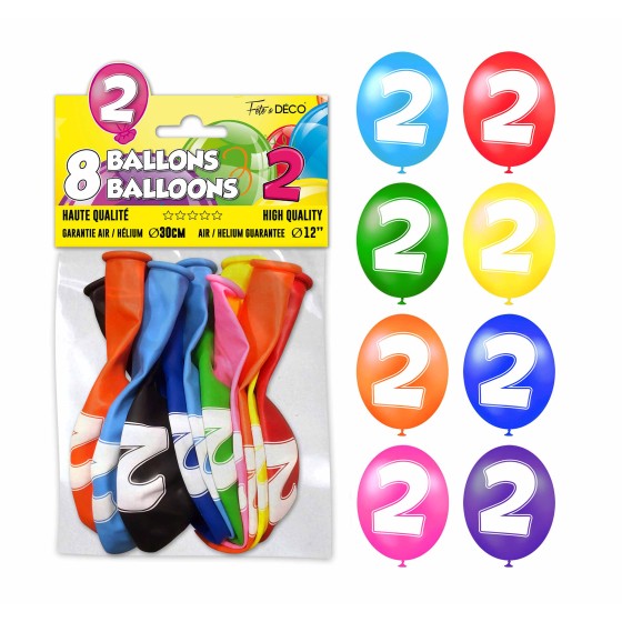 SACHET 8 BALLONS LATEX CHIFFRE 2