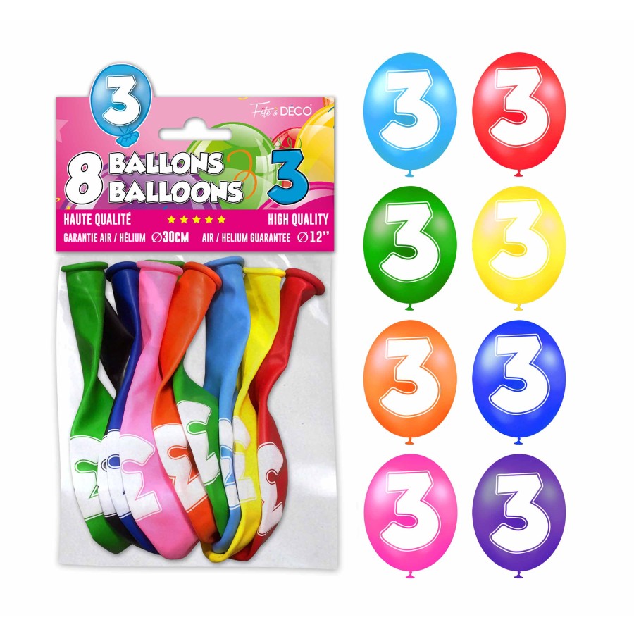 SACHET 8 BALLONS LATEX CHIFFRE 3