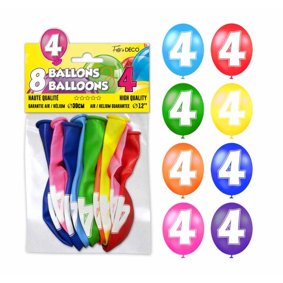 SACHET 8 BALLONS LATEX CHIFFRE 4