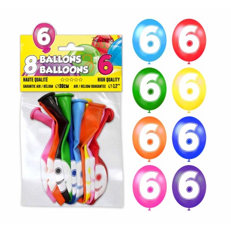 SACHET 8 BALLONS LATEX CHIFFRE 6