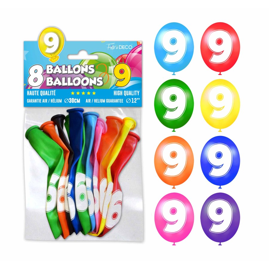 SACHET 8 BALLONS LATEX CHIFFRE 9