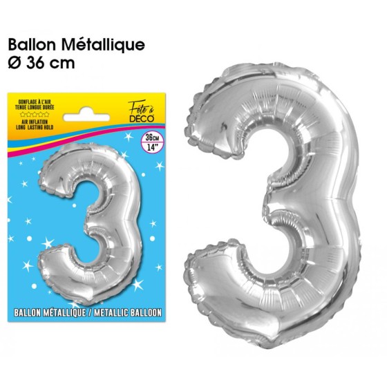 BALLON METALLIQUE ARGENT CHIFFRE 3