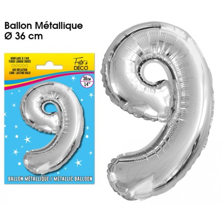 BALLON METALLIQUE ARGENT CHIFFRE 9