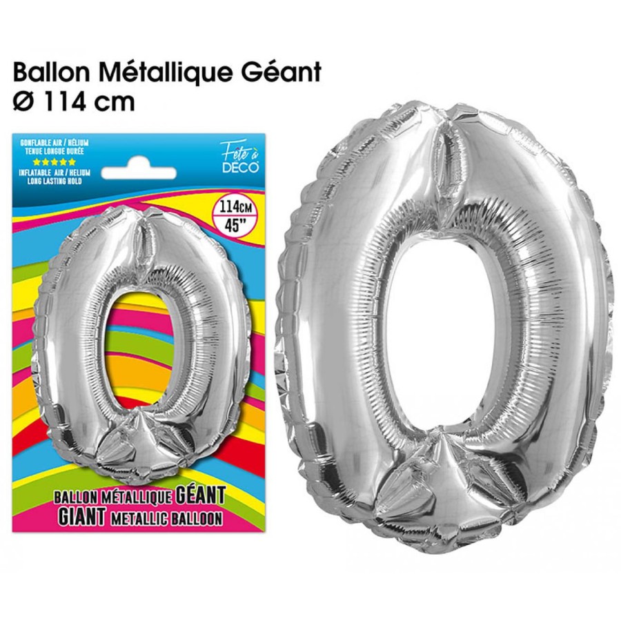 BALLON GEANT METALLIQUE ARGENT CHIFFRE 0