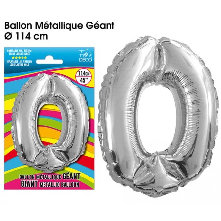 BALLON GEANT METALLIQUE ARGENT CHIFFRE 0