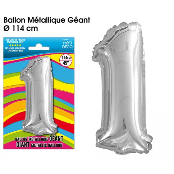 BALLON GEANT METALLIQUE ARGENT CHIFFRE 1