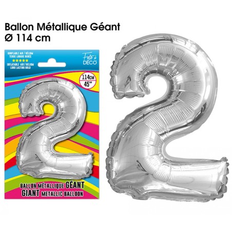 BALLON GEANT METALLIQUE ARGENT CHIFFRE 2