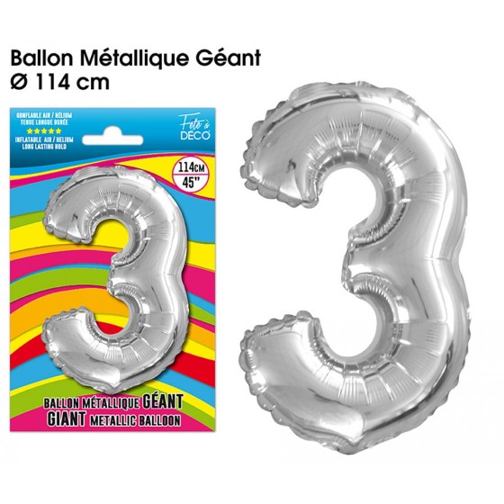 BALLON GEANT METALLIQUE ARGENT CHIFFRE 3