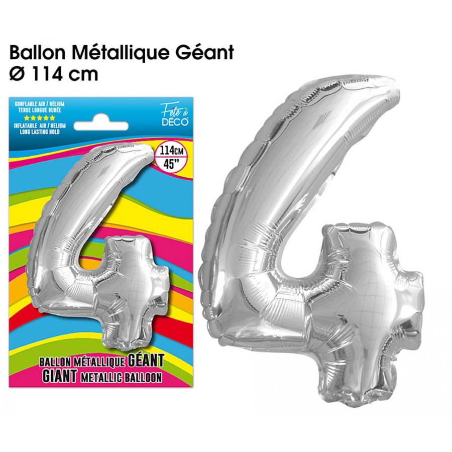 BALLON GEANT METALLIQUE ARGENT CHIFFRE 4