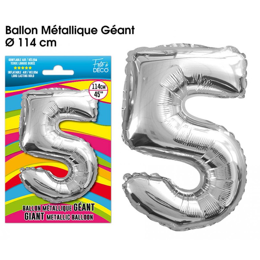 BALLON GEANT METALLIQUE ARGENT CHIFFRE 5