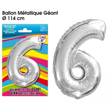 BALLON GEANT METALLIQUE ARGENT CHIFFRE 6