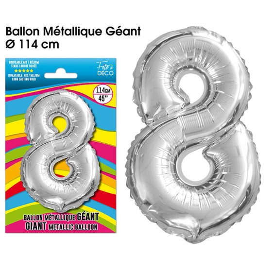 BALLON GEANT METALLIQUE ARGENT CHIFFRE 8