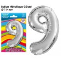 BALLON GEANT METALLIQUE ARGENT CHIFFRE 9
