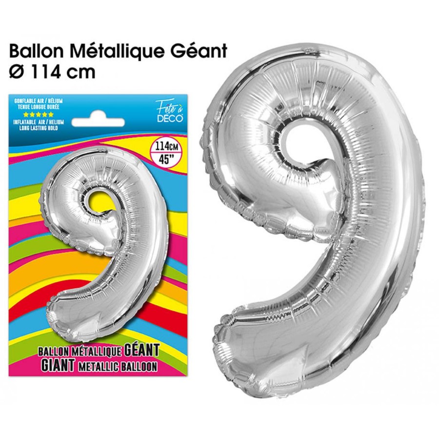 BALLON GEANT METALLIQUE ARGENT CHIFFRE 9