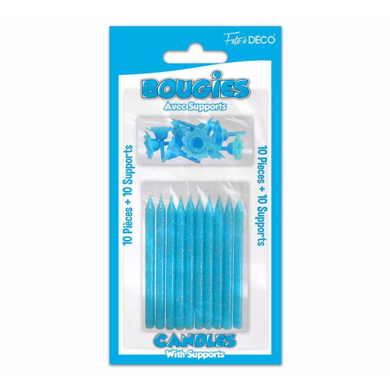 10 BOUGIES SUPPORTS PAILLETEES BLEU