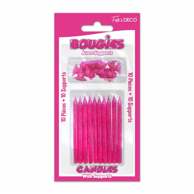 10 BOUGIES SUPPORTS PAILLETEES FUCHSIA