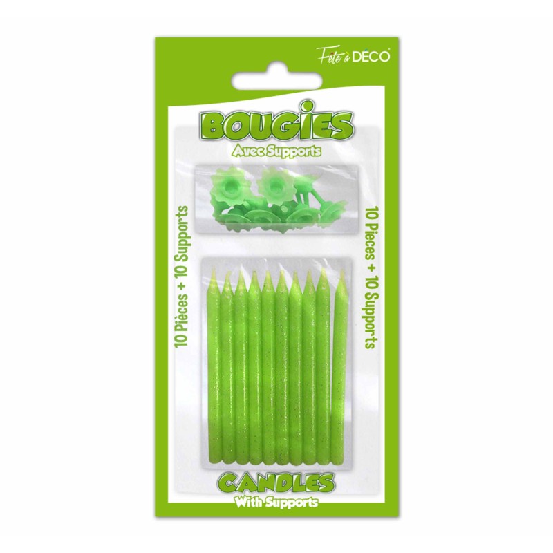 10 BOUGIES SUPPORTS PAILLETEES VERT