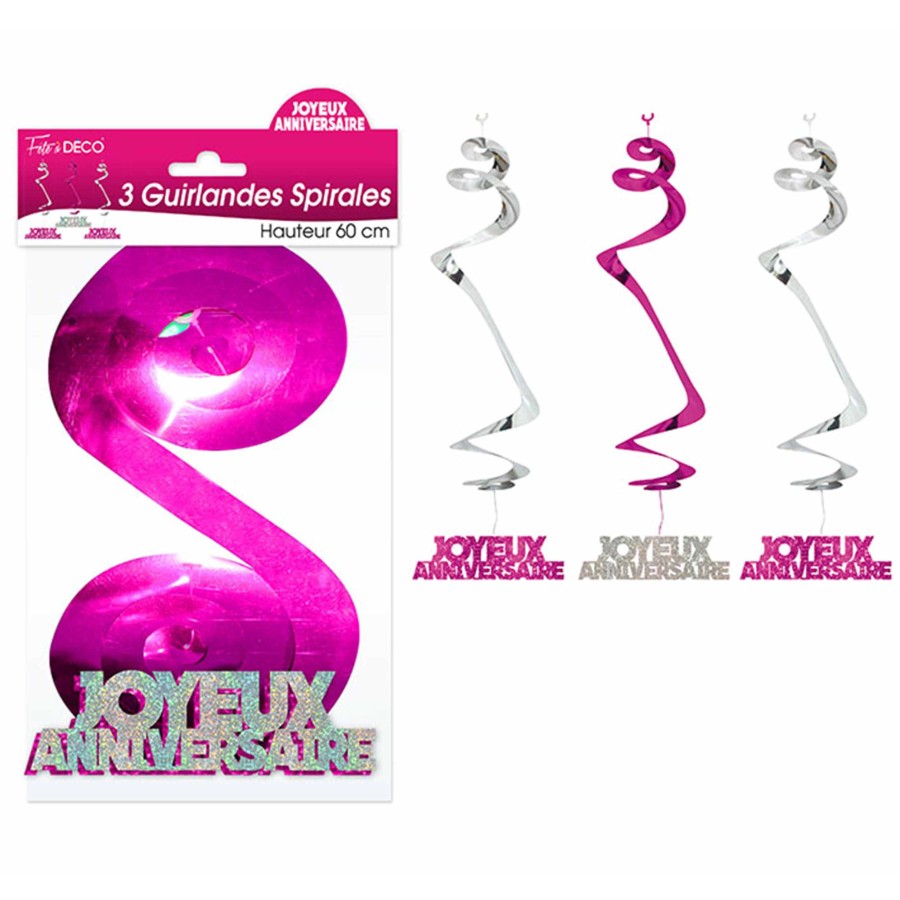 GUIRLANDES SPIRALES JOYEUX ANNIVERSAIRE FUCHSIA