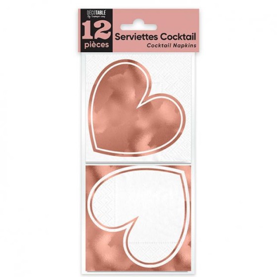 SERVIETTES COCKTAIL X 12 COEUR ROSE GOLD