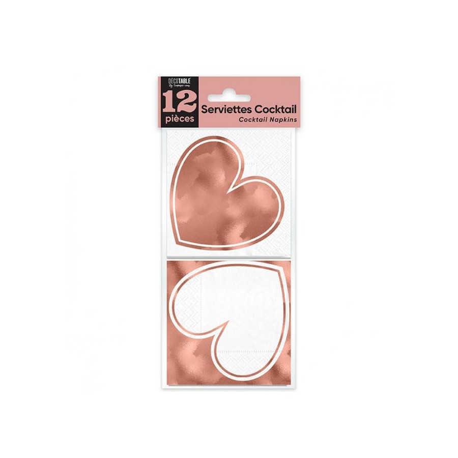 SERVIETTES COCKTAIL X 12 COEUR ROSE GOLD