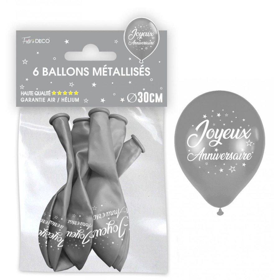 SACHET  DE 6 BALLONS METAL ARGENT JOYEUX ANNIVERSAIRE