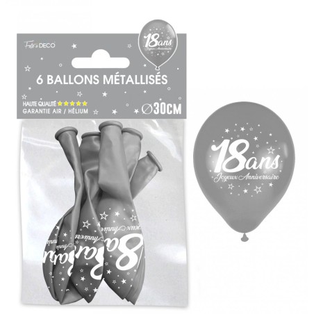 SACHET  DE 6 BALLONS METAL ARGENT 18 ANS