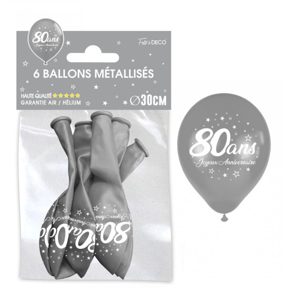 SACHET  DE 6 BALLONS METAL ARGENT 80 ANS