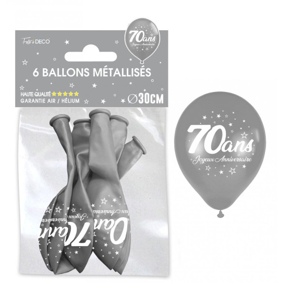 SACHET  DE 6 BALLONS METAL ARGENT 70 ANS