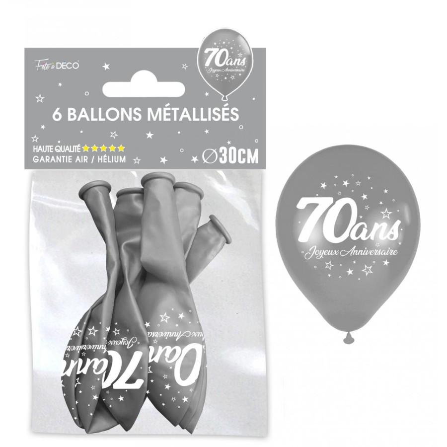 SACHET  DE 6 BALLONS METAL ARGENT 70 ANS