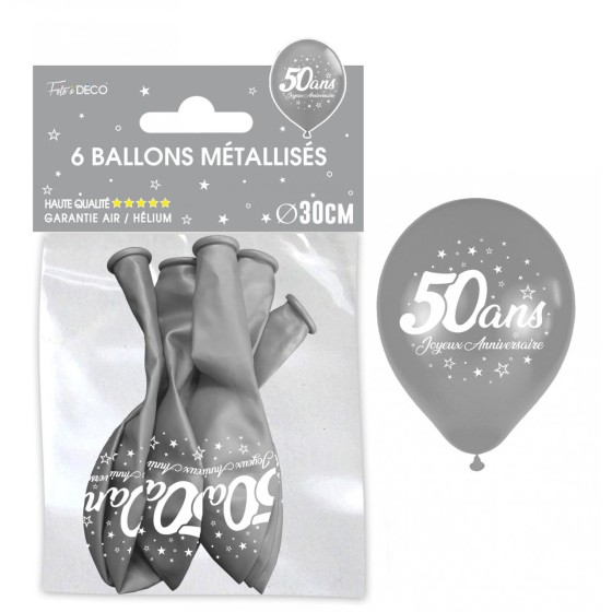 SACHET  DE 6 BALLONS METAL ARGENT 50 ANS